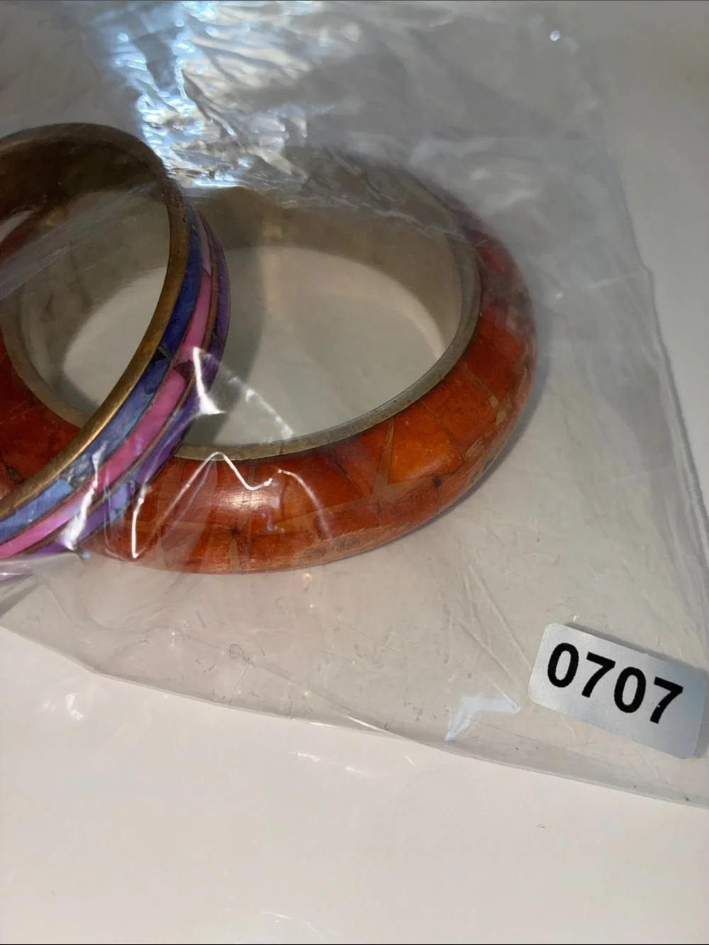 Bold Orange Mosaic Inlay Bangle Bracelet Dyed Mother Of Pearl Blue Pink & Purple
